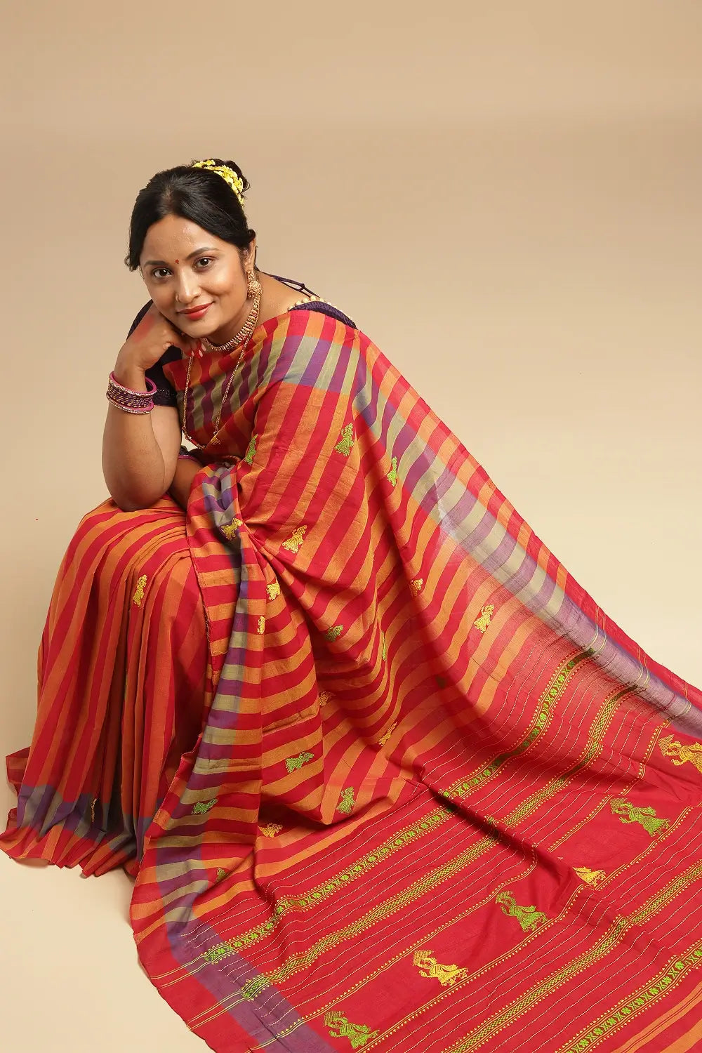 Sunset Stripes – Red & Orange Gollabhama Cotton Saree