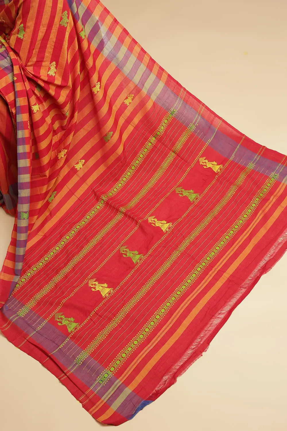 Sunset Stripes – Red & Orange Gollabhama Cotton Saree