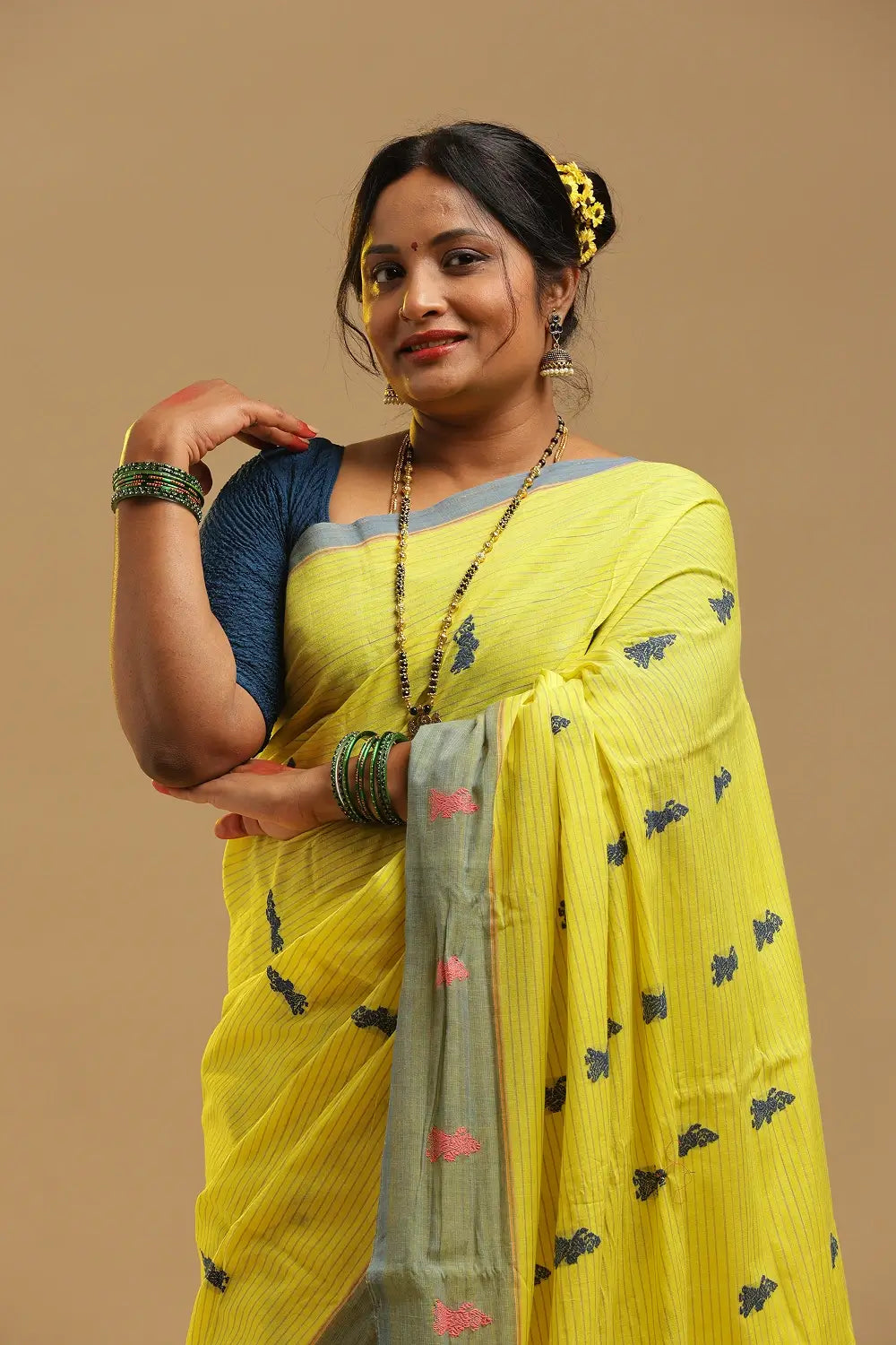 Sunny Amaltas - Yellow & Grey Gollabhama Cotton Saree