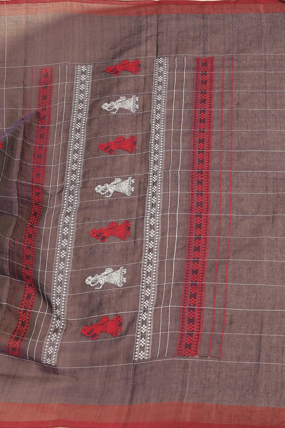 Midnight Aura – White Check, Red & Black Gollabhama Cotton Saree