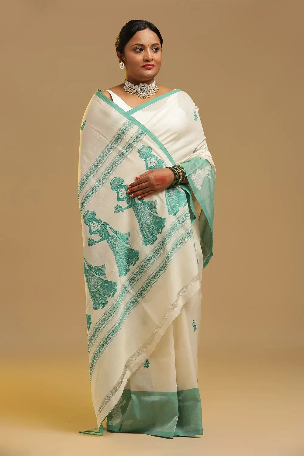 White Elegance – White & Mint Green Gollabhama Cotton Saree