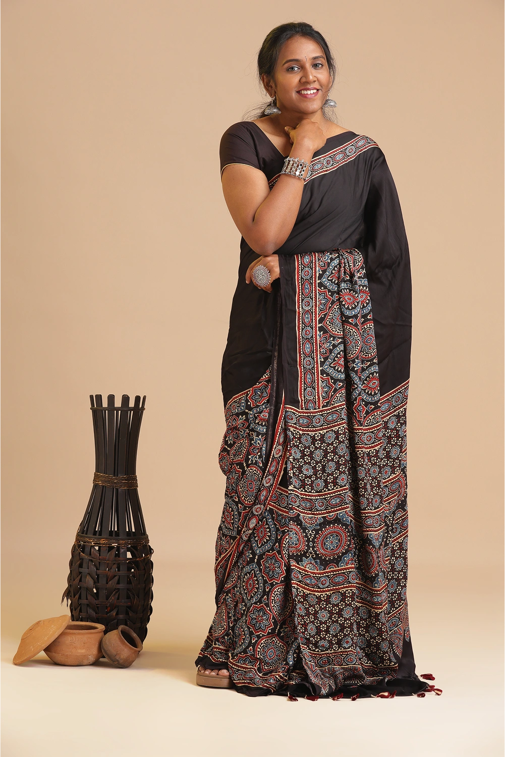 Black Harmony – Ajrakh Block Printed Modal Silk Saree
