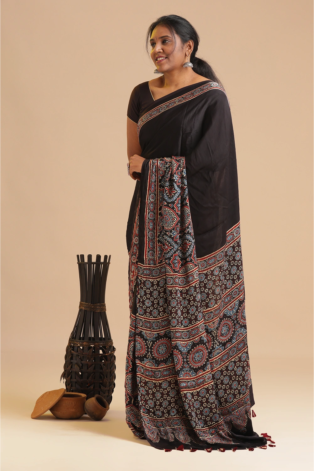 Black Harmony – Ajrakh Block Printed Modal Silk Saree