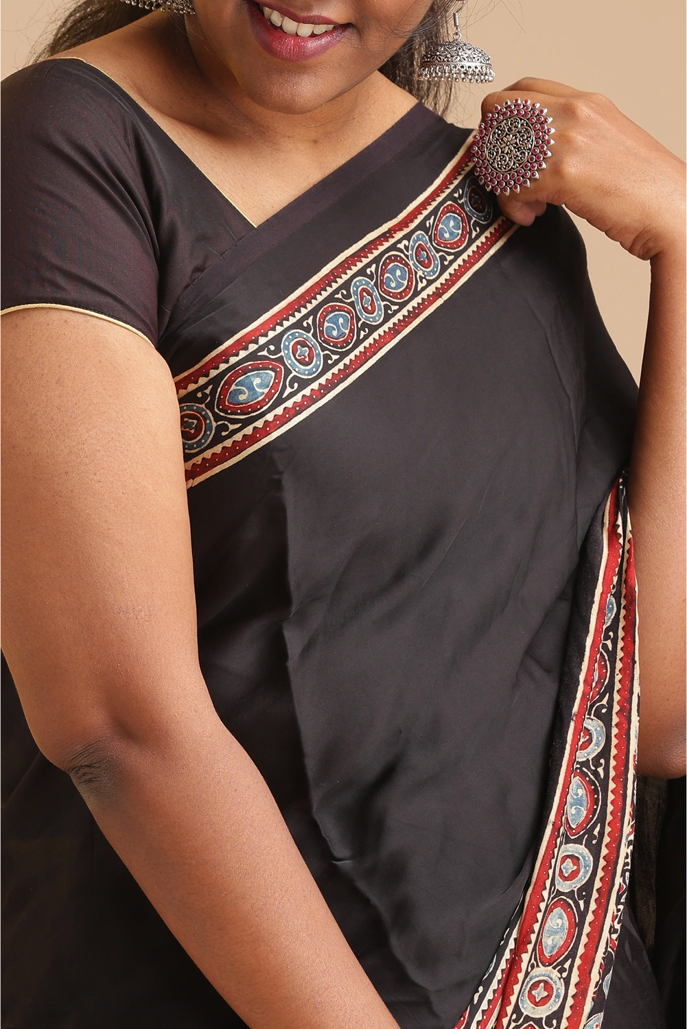 Black Harmony – Ajrakh Block Printed Modal Silk Saree
