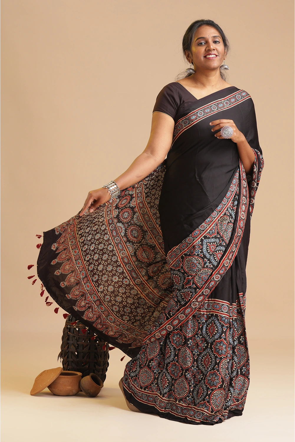 Black Harmony – Ajrakh Block Printed Modal Silk Saree
