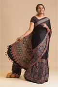Black Harmony – Ajrakh Block Printed Modal Silk Saree