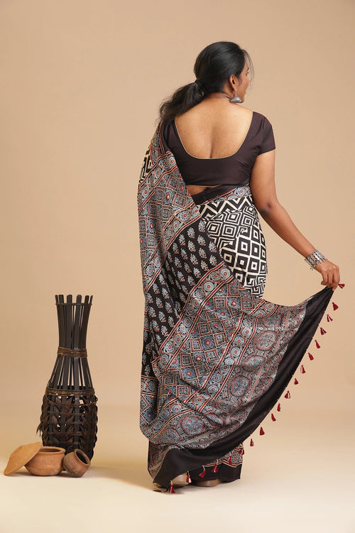 Black Harmony – Ajrakh Block Printed Modal Silk Saree