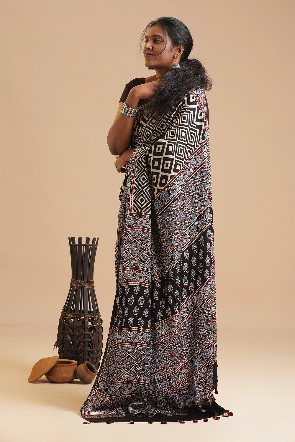 Black Harmony – Ajrakh Block Printed Modal Silk Saree