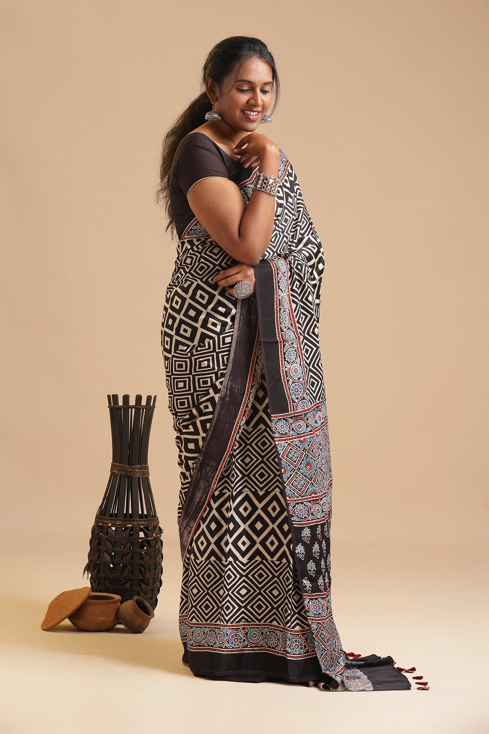 Black Harmony – Ajrakh Block Printed Modal Silk Saree