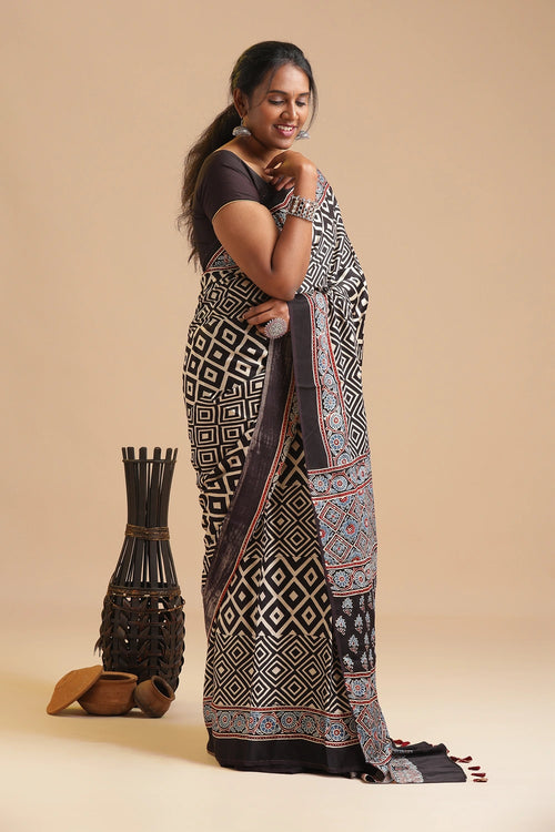 Black Harmony – Ajrakh Block Printed Modal Silk Saree