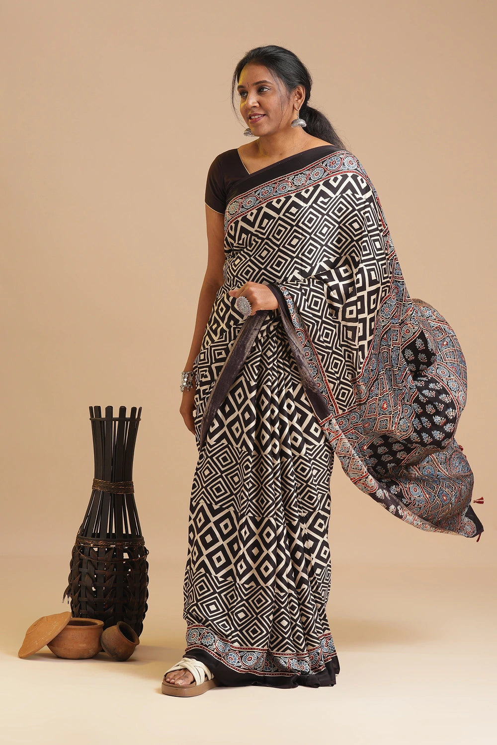 Black Harmony – Ajrakh Block Printed Modal Silk Saree