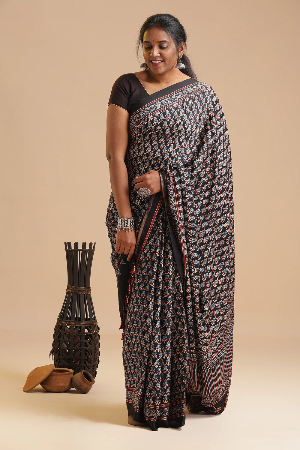 Black Harmony – Ajrakh Block Printed Modal Silk Saree