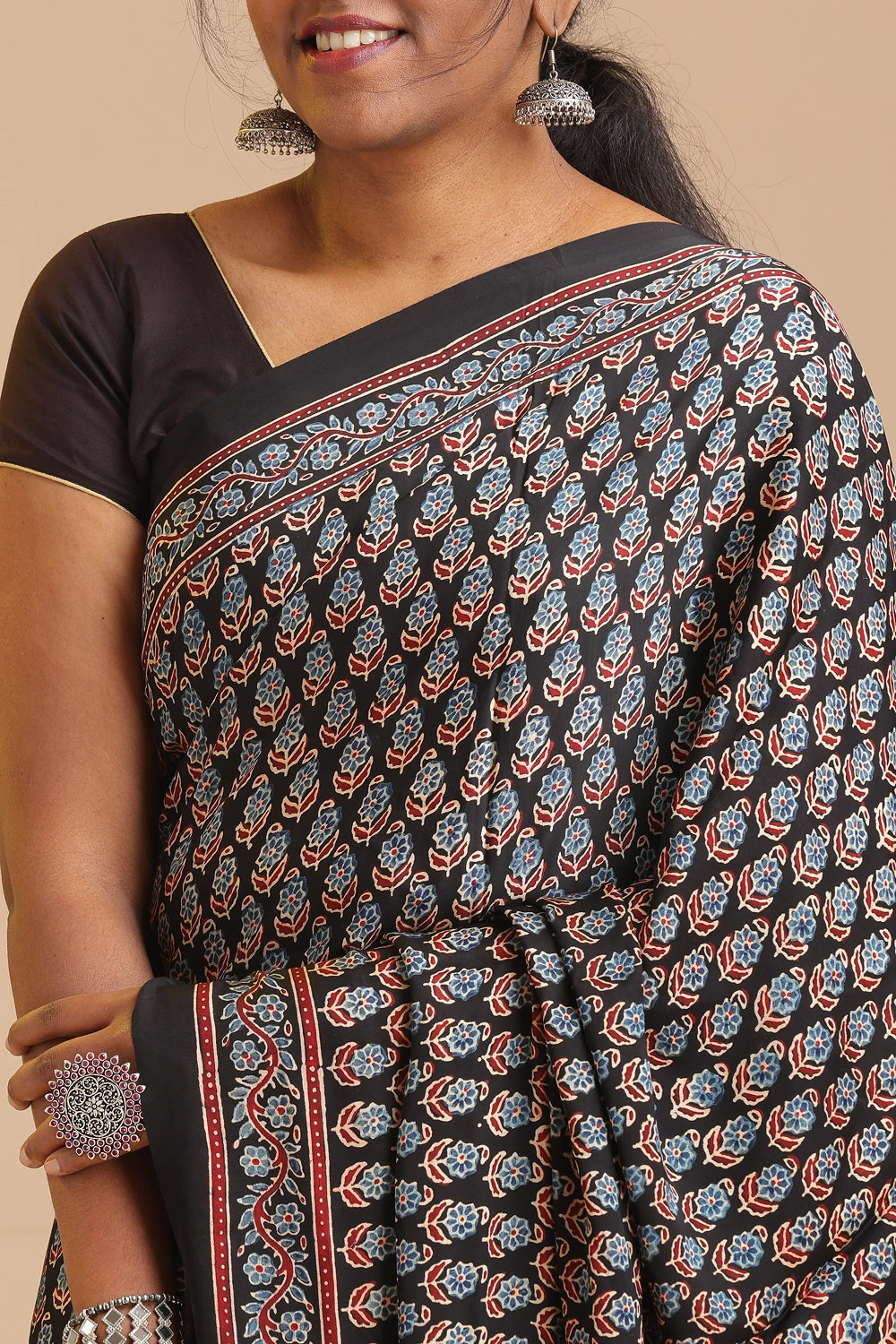 Black Harmony – Ajrakh Block Printed Modal Silk Saree