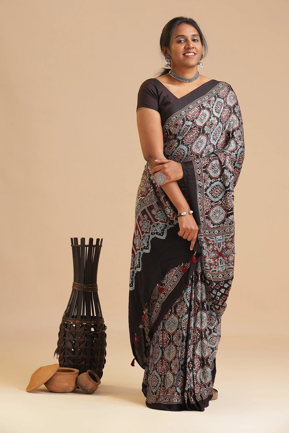 Black Harmony – Ajrakh Block Printed Modal Silk Saree