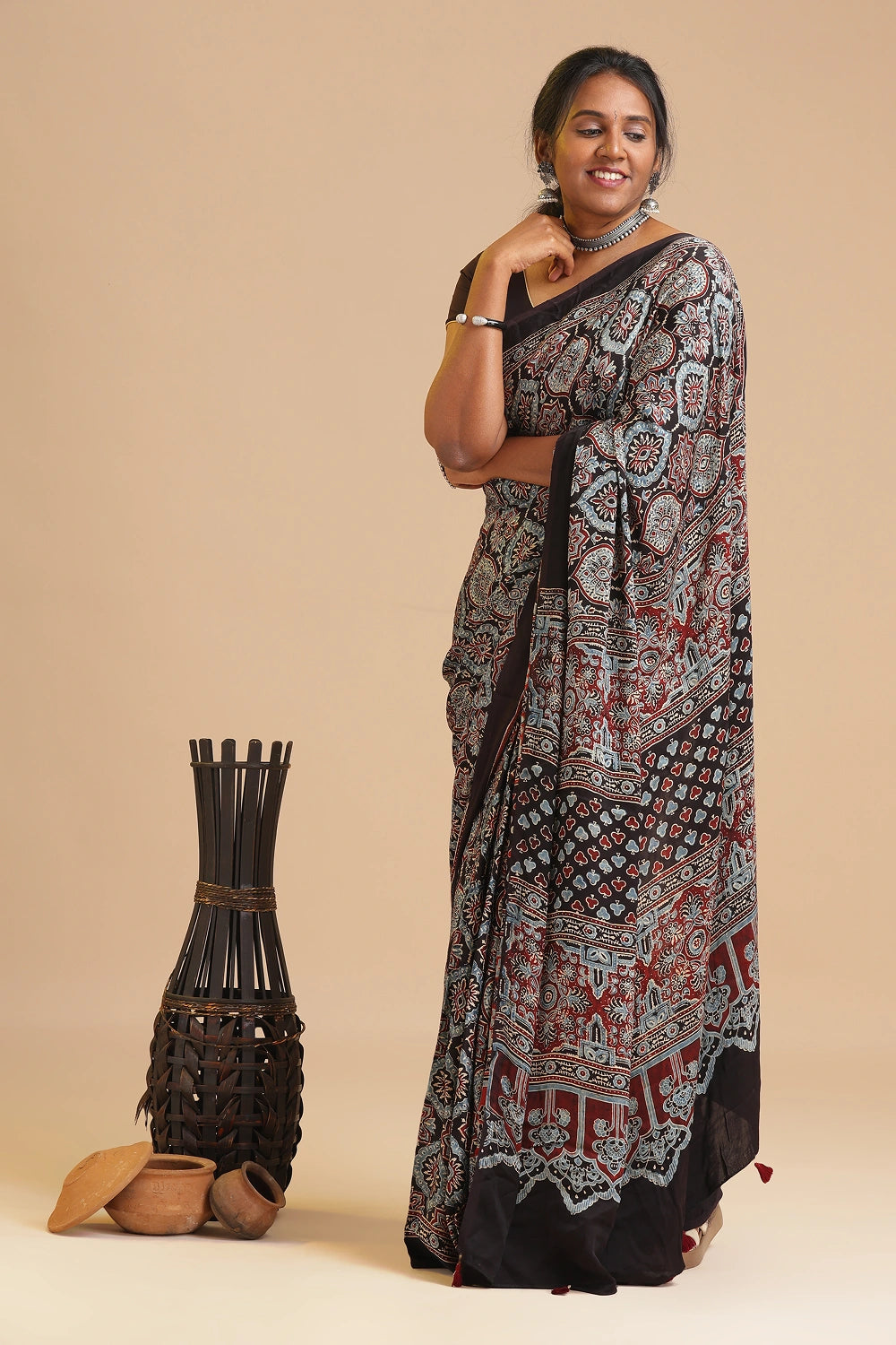 Black Harmony – Ajrakh Block Printed Modal Silk Saree