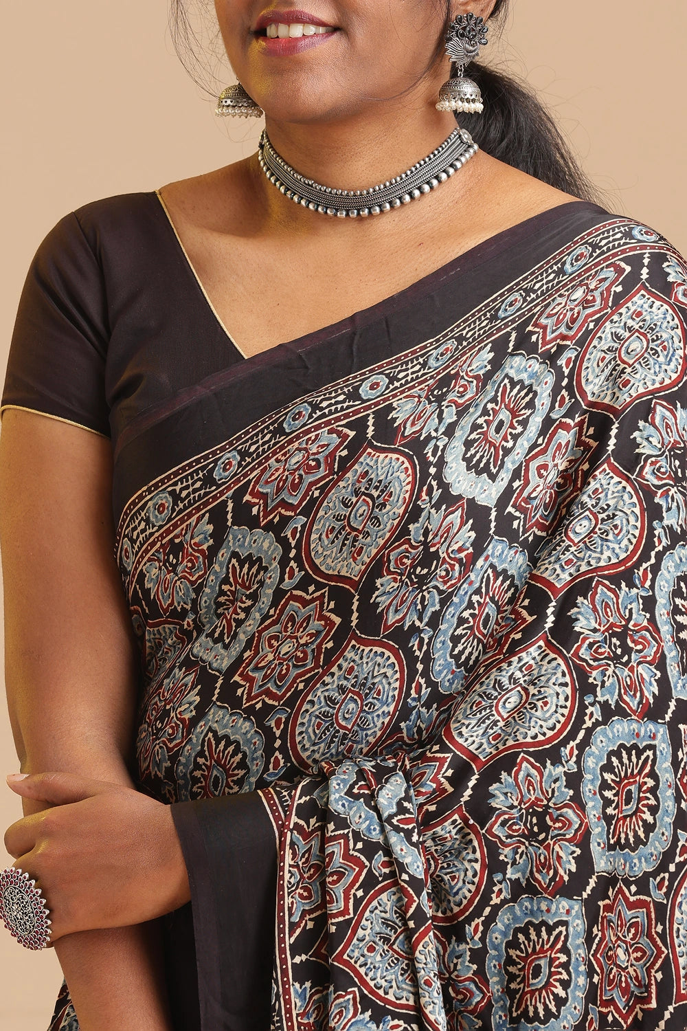 Black Harmony – Ajrakh Block Printed Modal Silk Saree