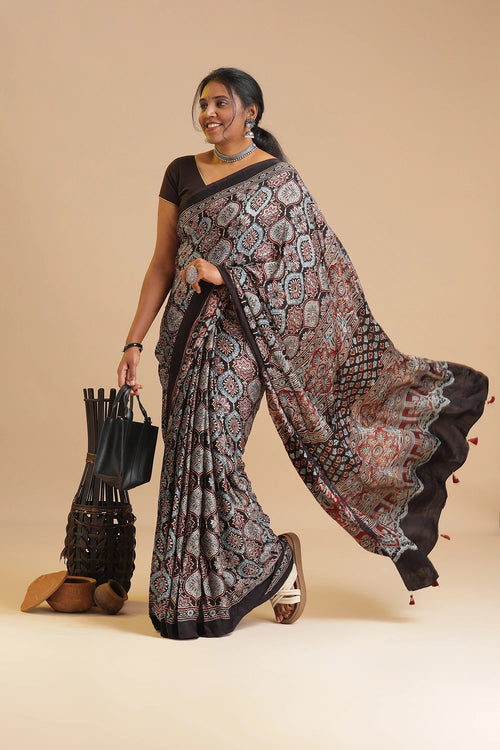 Black Harmony – Ajrakh Block Printed Modal Silk Saree