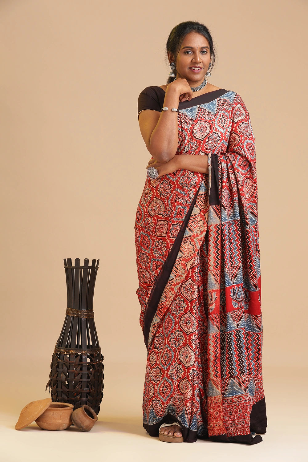 Red Harmony – Ajrakh Block Printed Modal Silk Saree