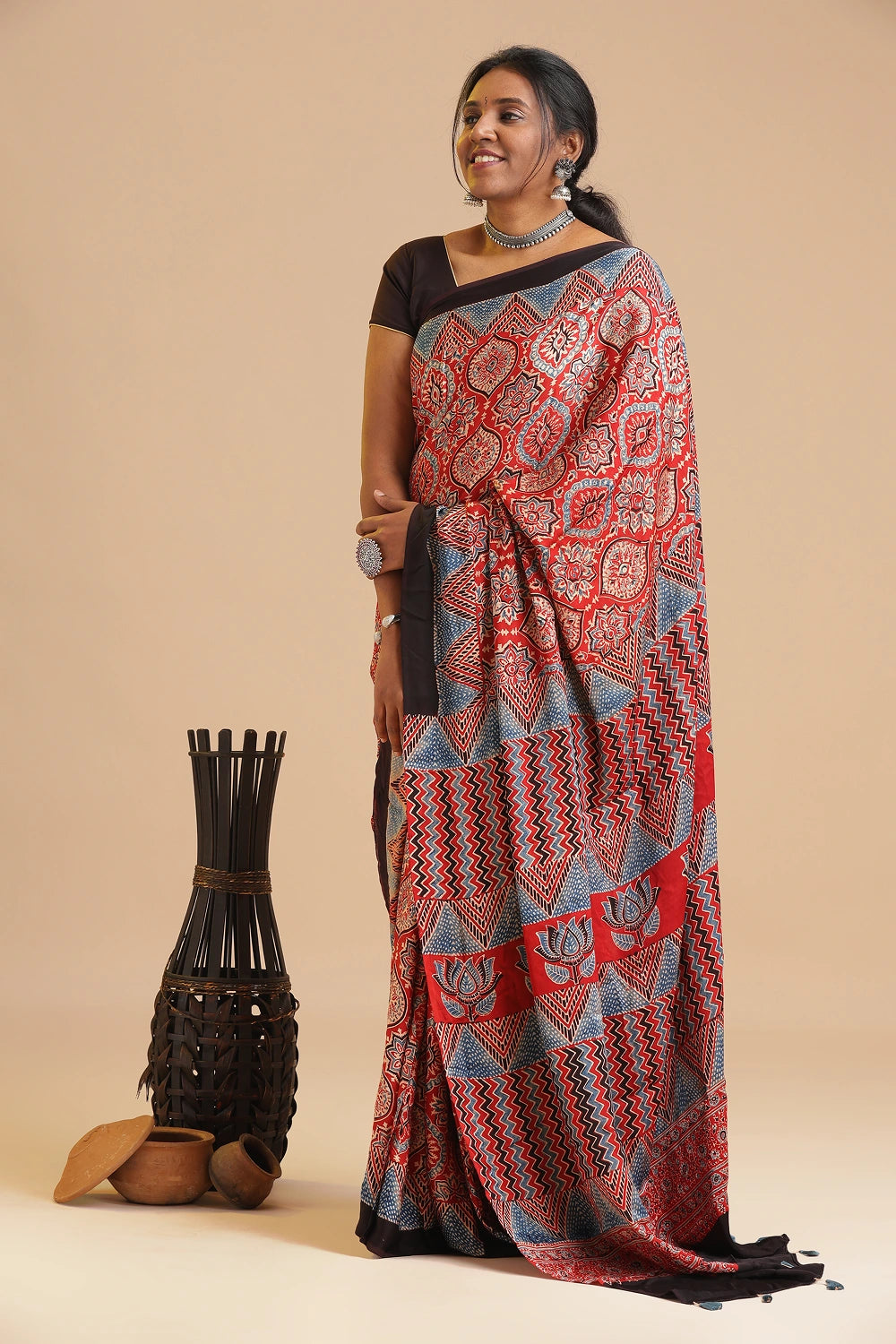 Red Harmony – Ajrakh Block Printed Modal Silk Saree