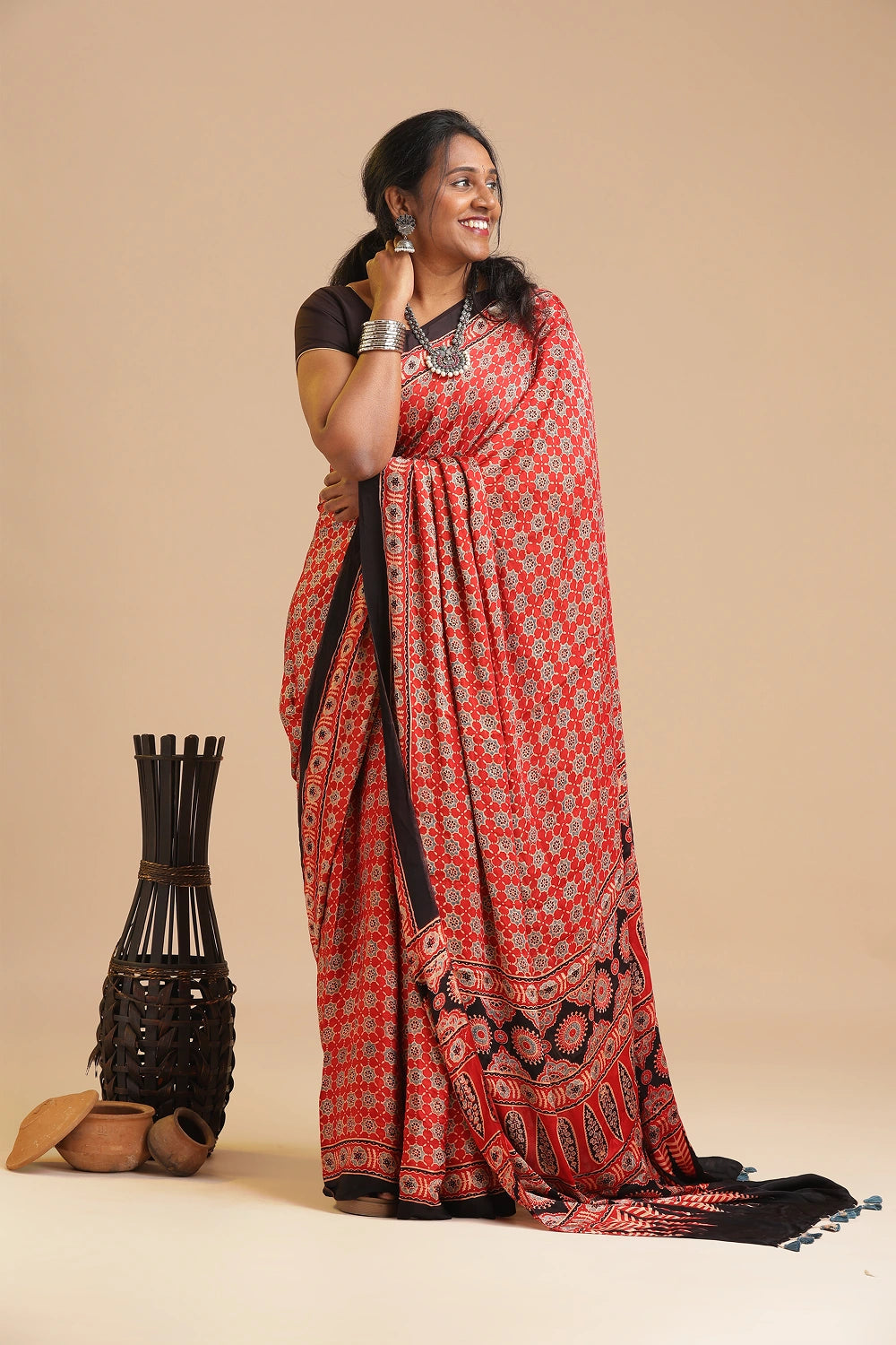 Red Harmony – Ajrakh Block Printed Modal Silk Saree