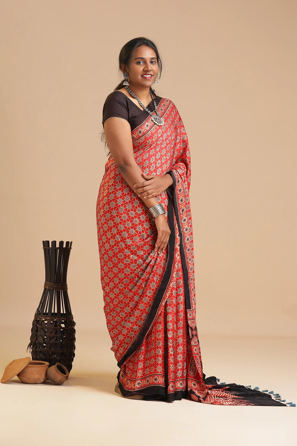 Red Harmony – Ajrakh Block Printed Modal Silk Saree