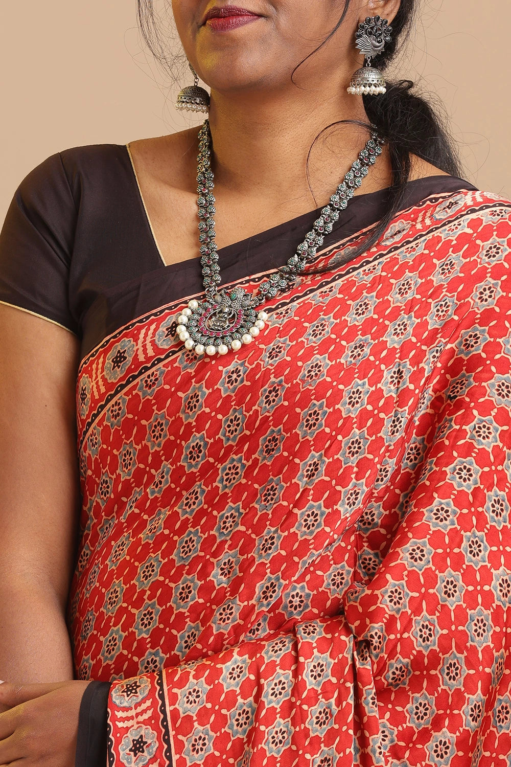 Red Harmony – Ajrakh Block Printed Modal Silk Saree