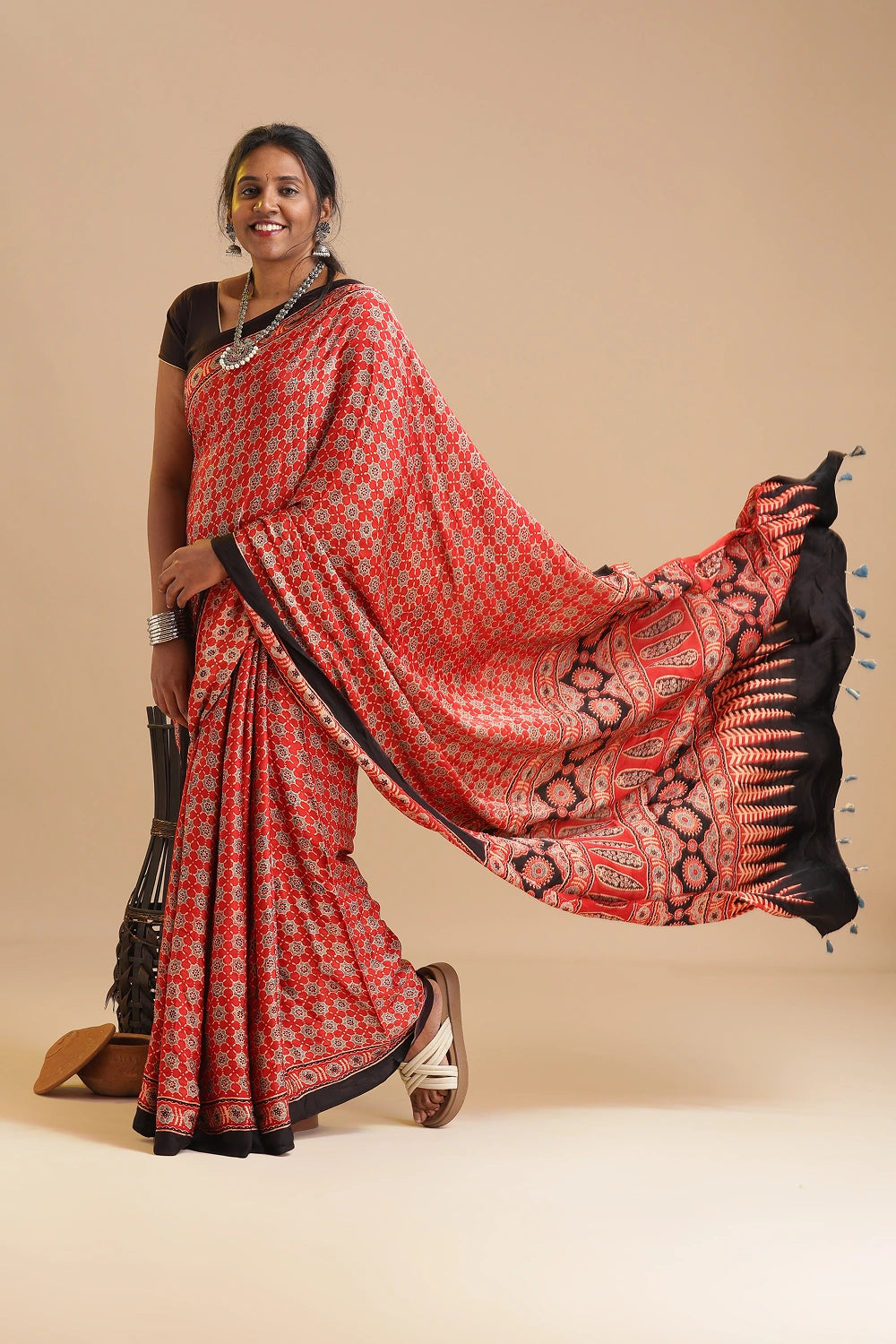 Red Harmony – Ajrakh Block Printed Modal Silk Saree