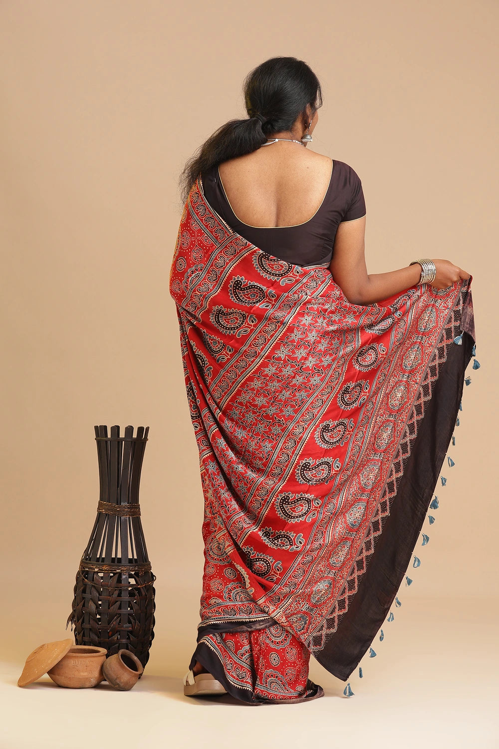 Red Harmony – Ajrakh Block Printed Modal Silk Saree