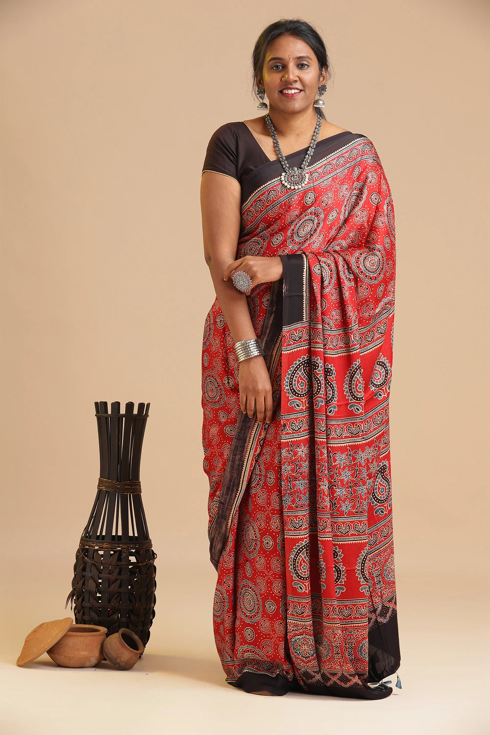 Red Harmony – Ajrakh Block Printed Modal Silk Saree