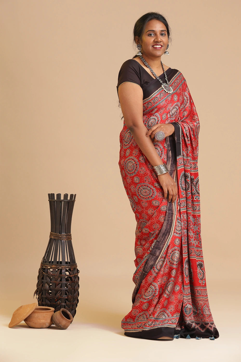 Red Harmony – Ajrakh Block Printed Modal Silk Saree