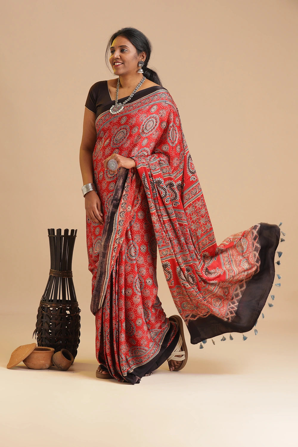 Red Harmony – Ajrakh Block Printed Modal Silk Saree