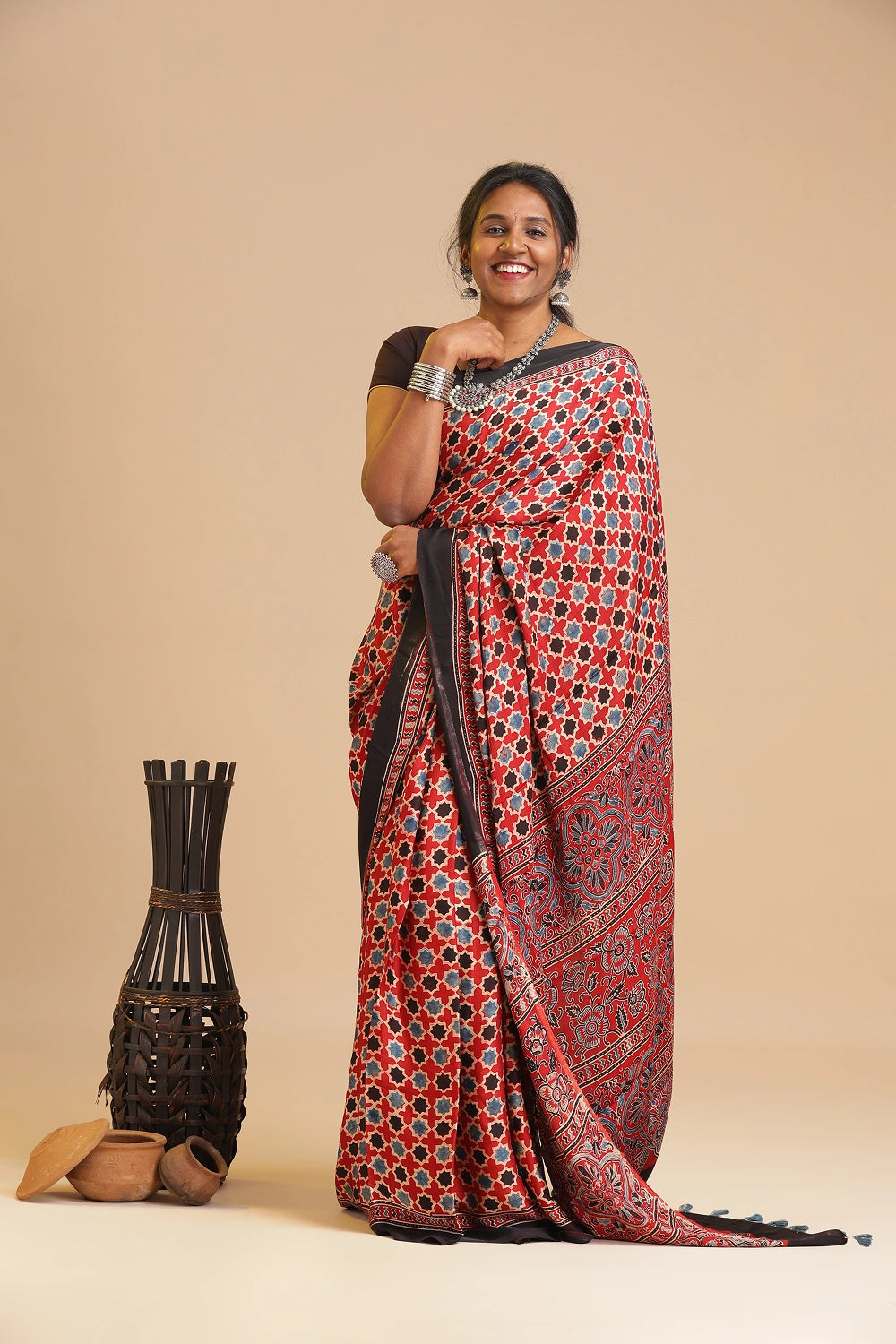 Red Harmony – Ajrakh Block Printed Modal Silk Saree