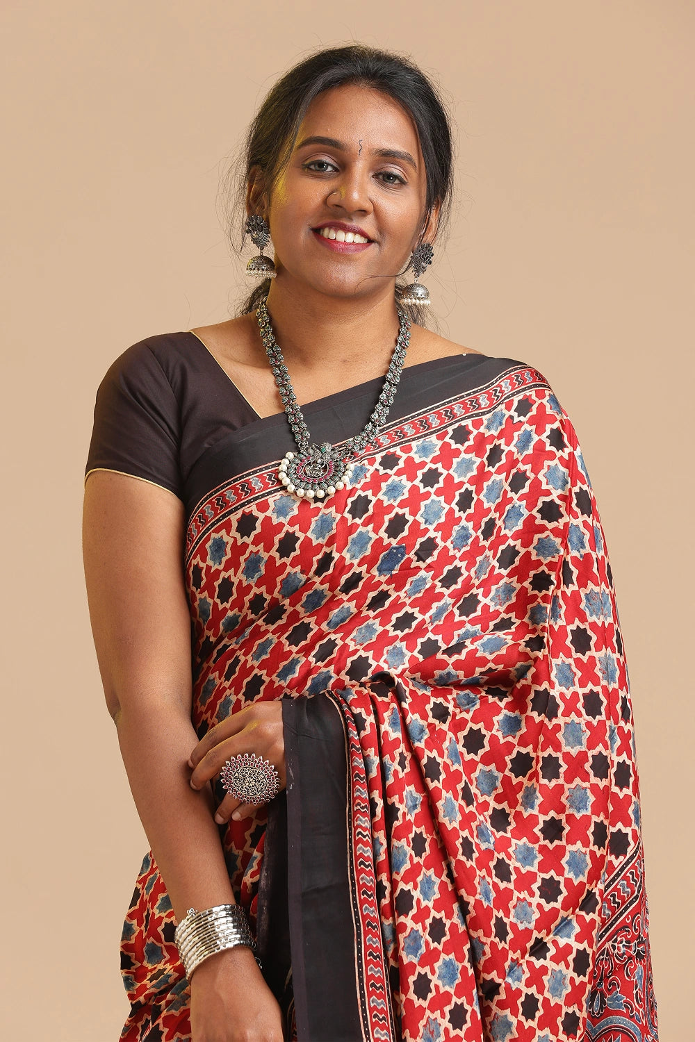Red Harmony – Ajrakh Block Printed Modal Silk Saree