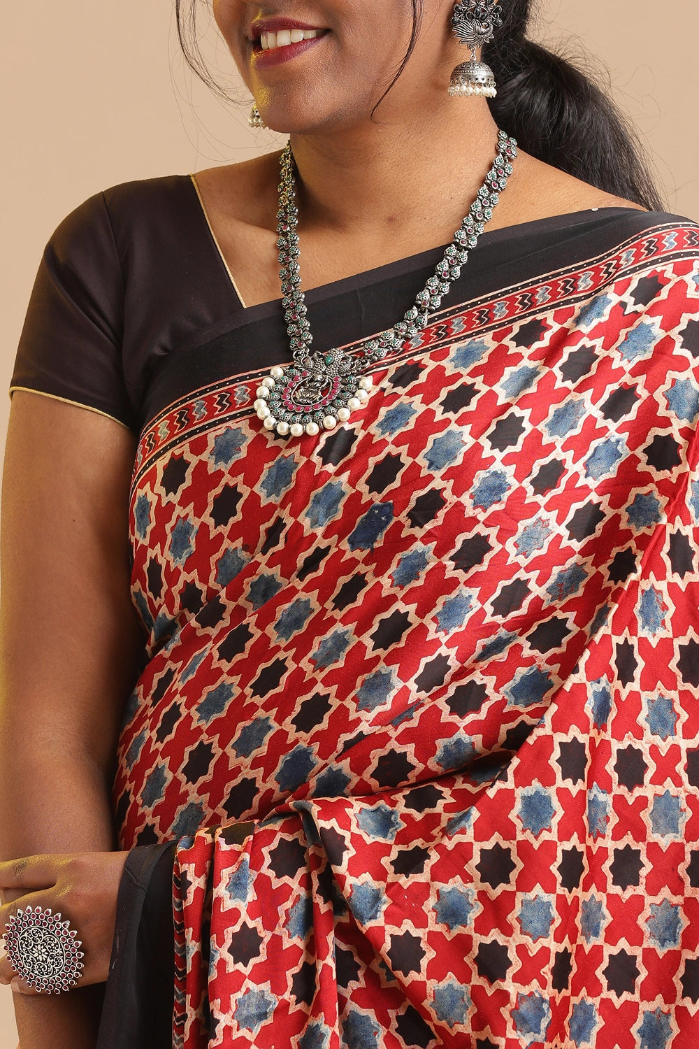 Red Harmony – Ajrakh Block Printed Modal Silk Saree