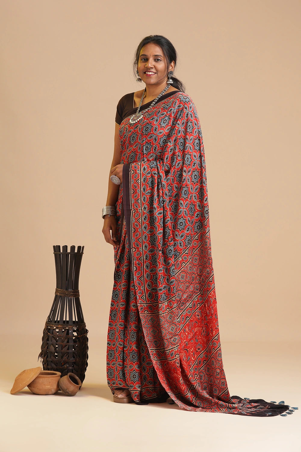 Red Harmony – Ajrakh Block Printed Modal Silk Saree