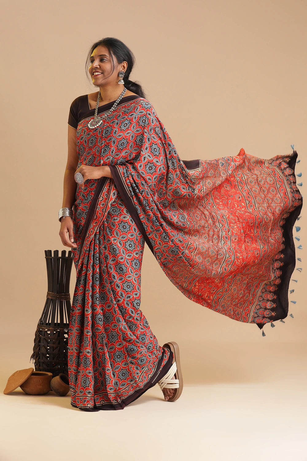 Red Harmony – Ajrakh Block Printed Modal Silk Saree