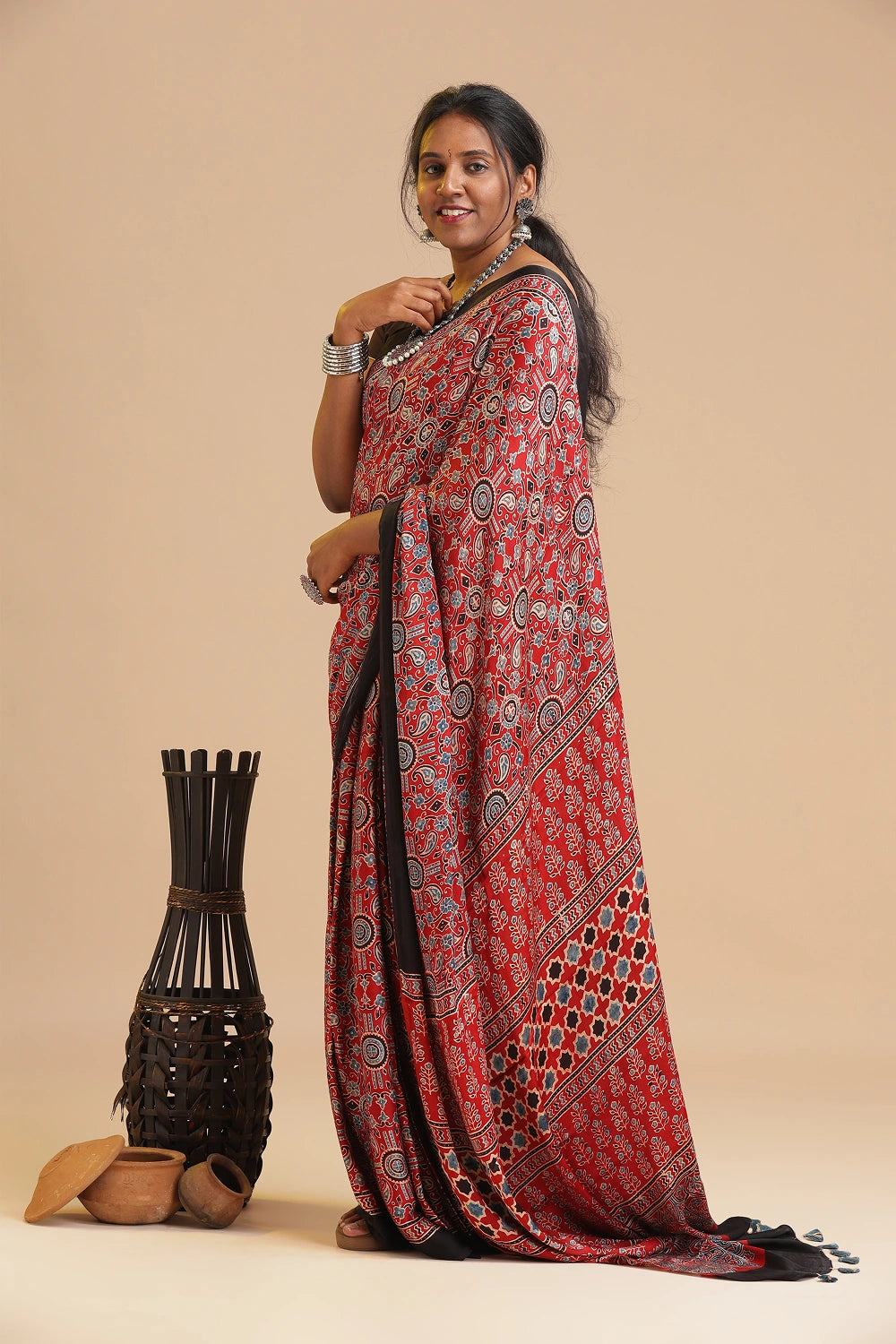 Red Harmony – Ajrakh Block Printed Modal Silk Saree
