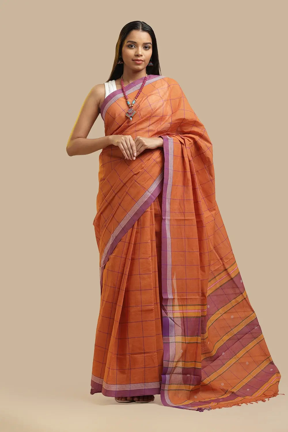 Udupi Cotton Saree | Terracotta Orange– Checks and Stripes | Handwoven