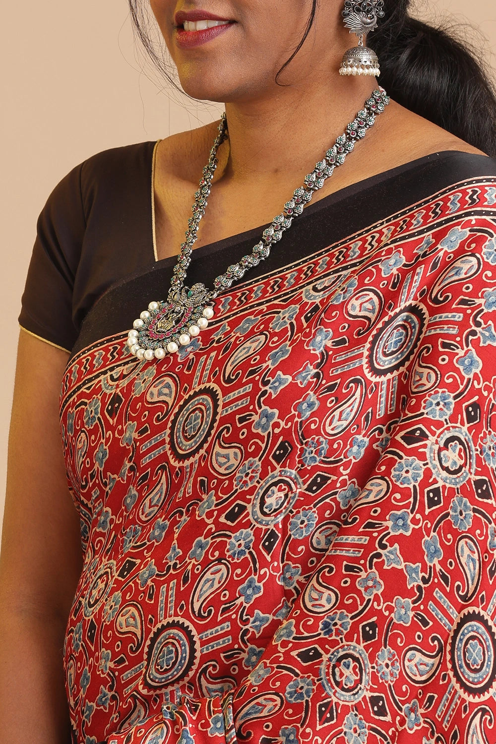Red Harmony – Ajrakh Block Printed Modal Silk Saree