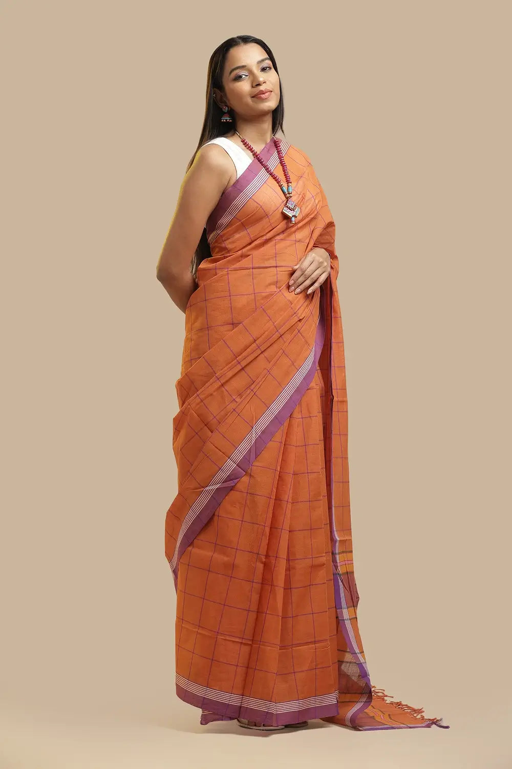 Udupi Cotton Saree | Terracotta Orange– Checks and Stripes | Handwoven