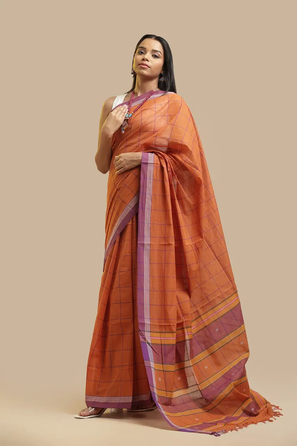 Udupi Cotton Saree | Terracotta Orange– Checks and Stripes | Handwoven