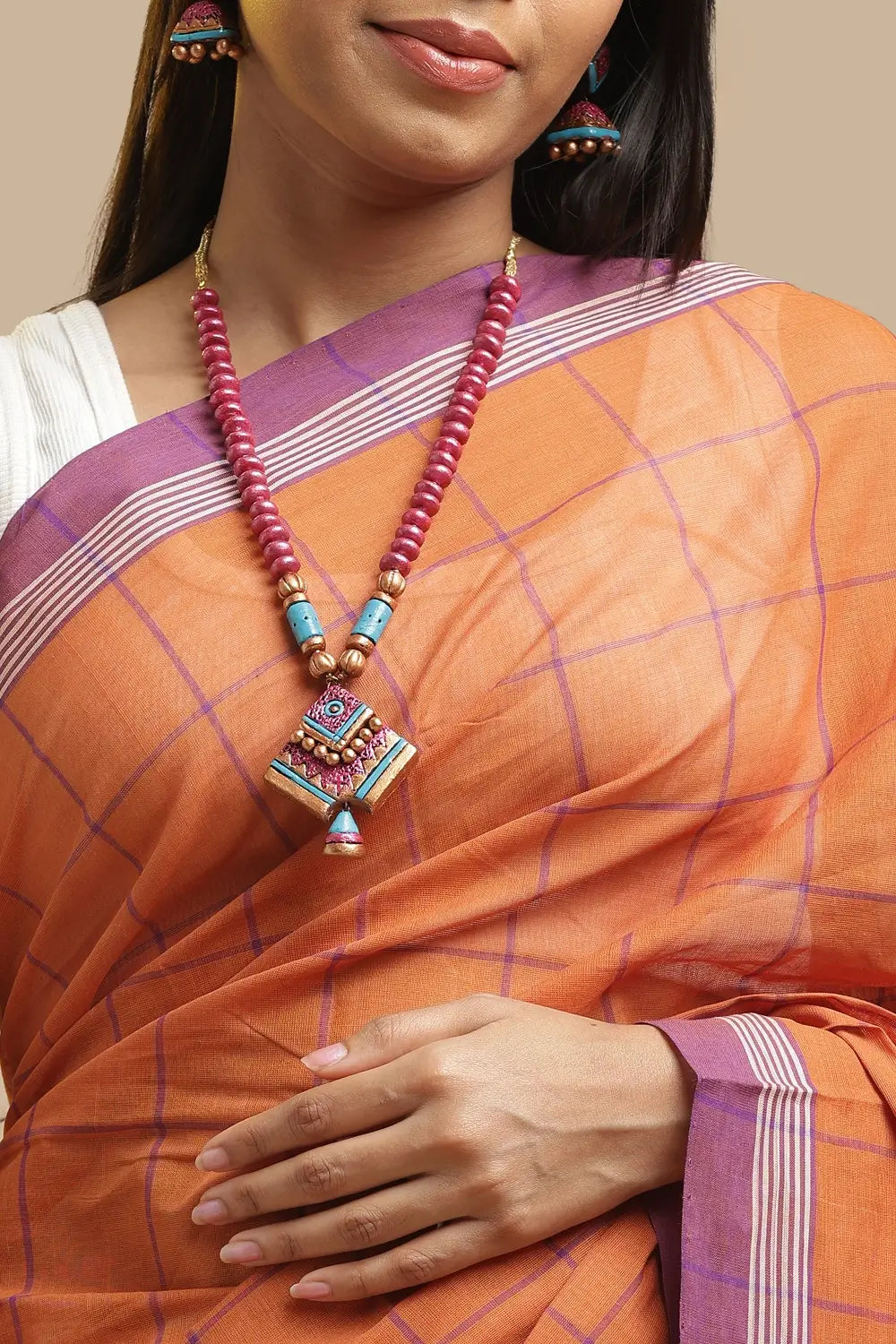 Udupi Cotton Saree | Terracotta Orange– Checks and Stripes | Handwoven