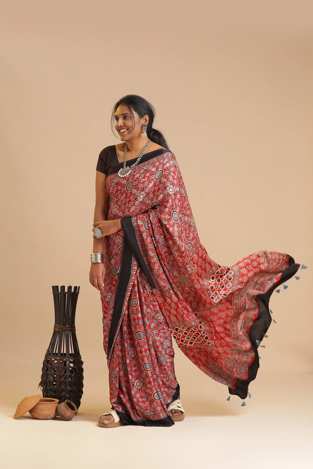 Red Harmony – Ajrakh Block Printed Modal Silk Saree