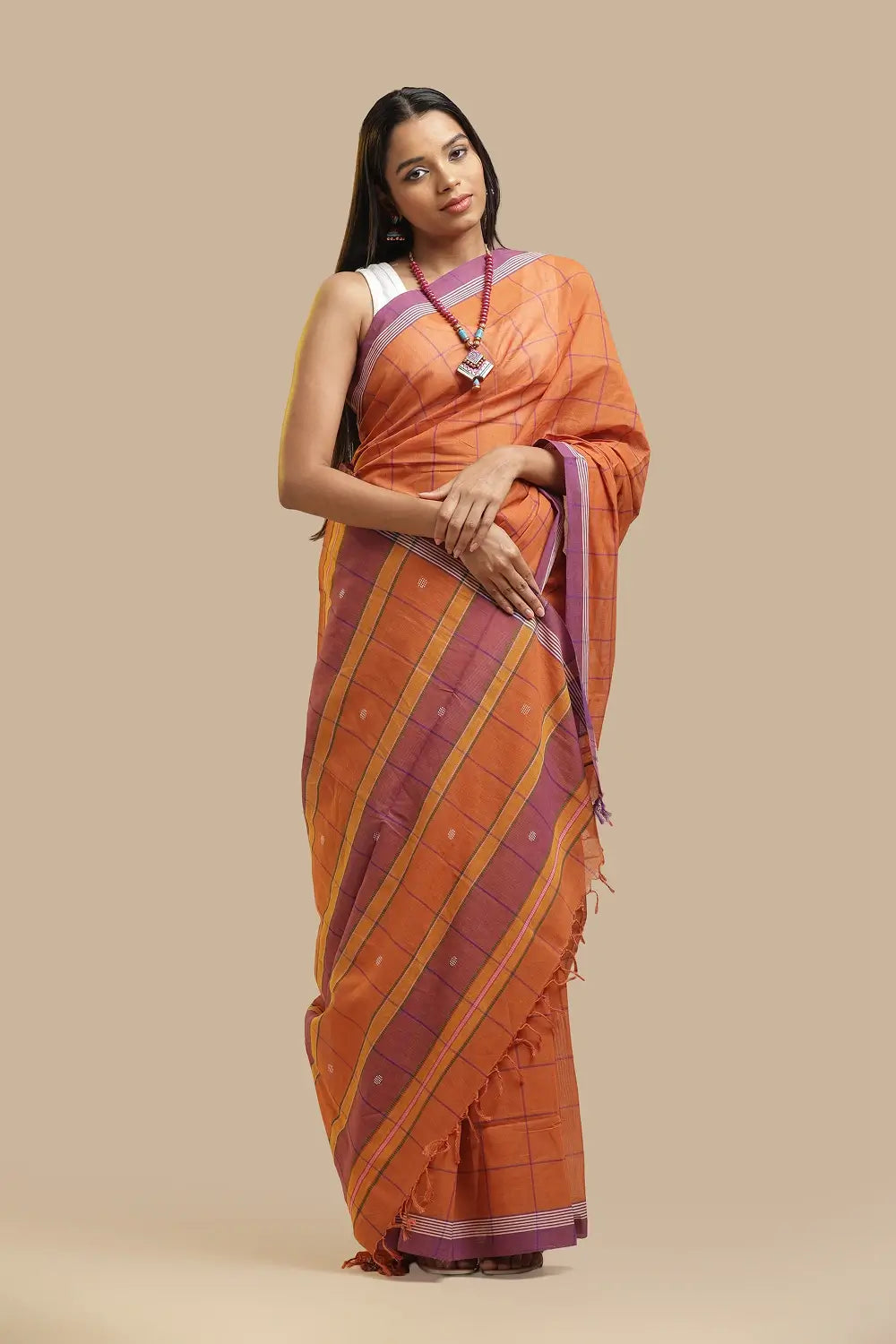Udupi Cotton Saree | Terracotta Orange– Checks and Stripes | Handwoven