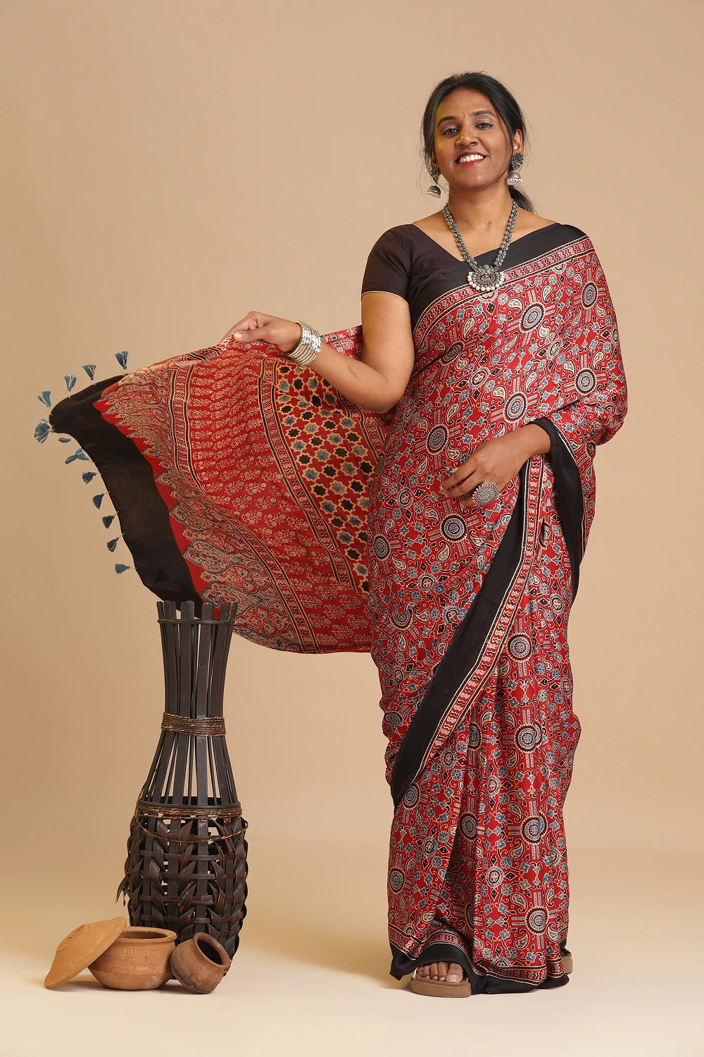 Red Harmony – Ajrakh Block Printed Modal Silk Saree