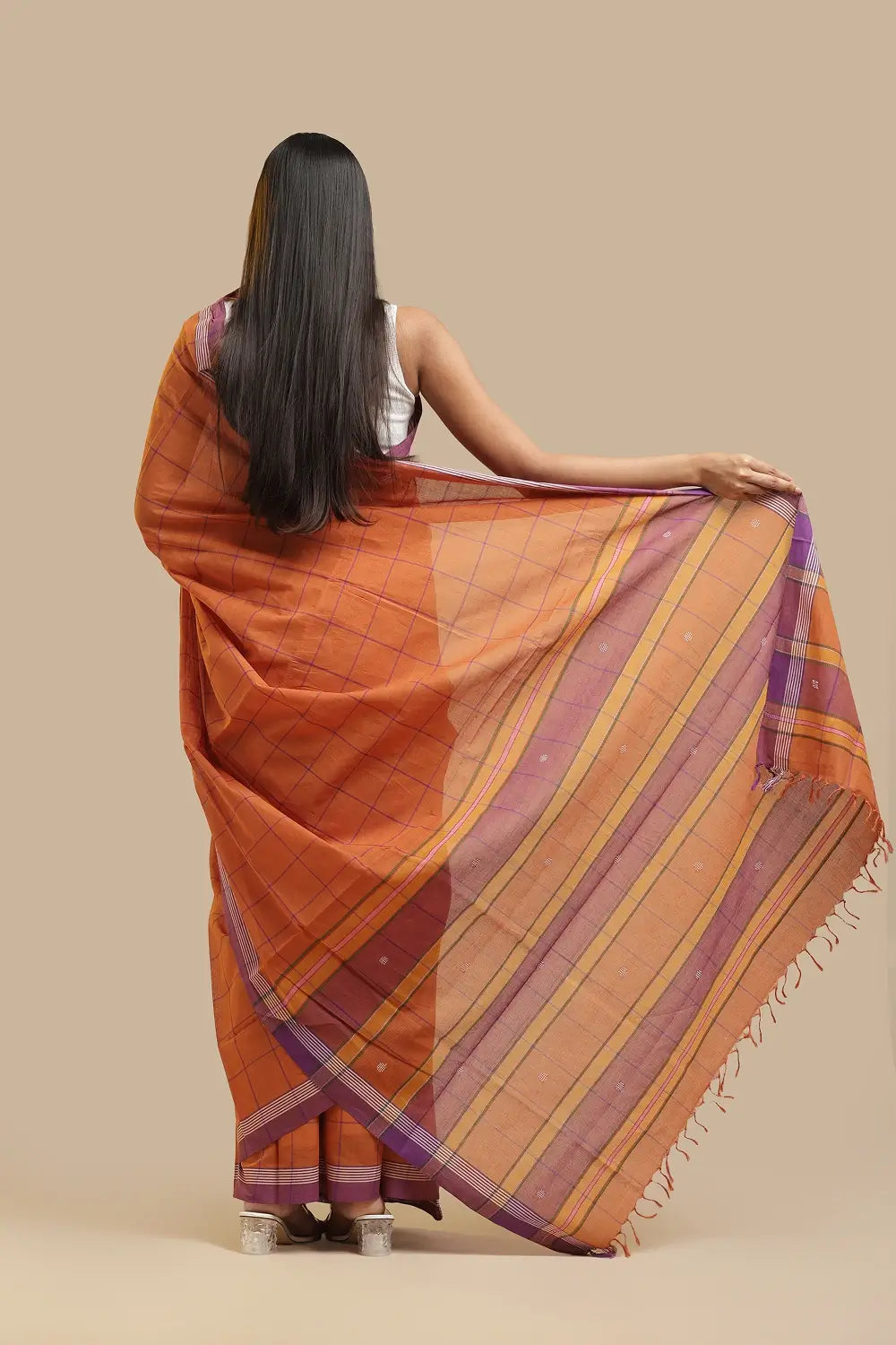 Udupi Cotton Saree | Terracotta Orange– Checks and Stripes | Handwoven