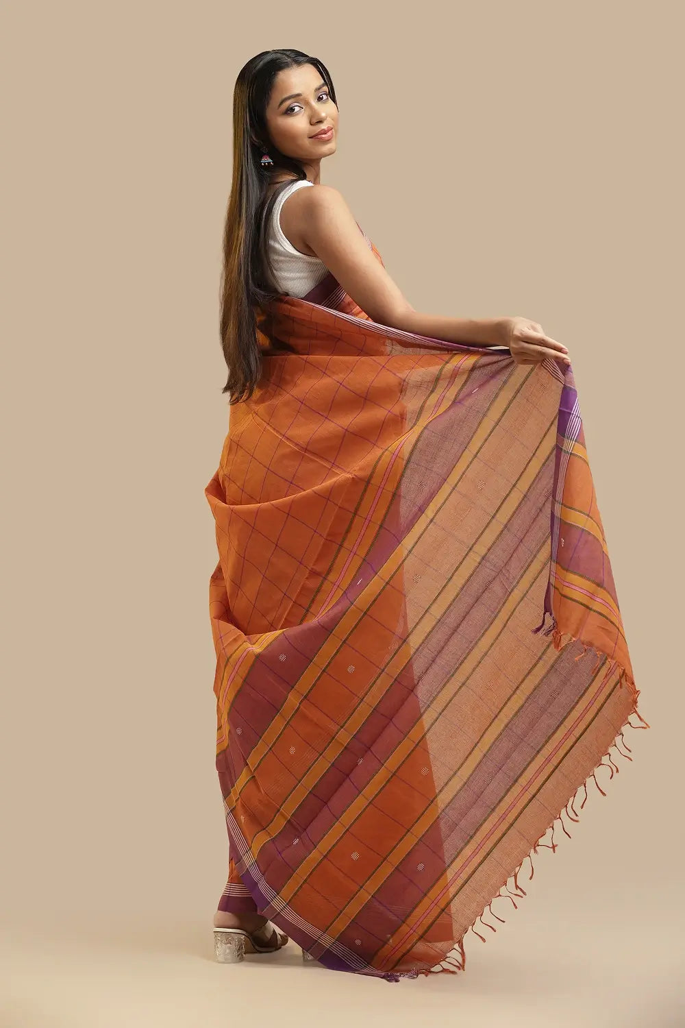 Udupi Cotton Saree | Terracotta Orange– Checks and Stripes | Handwoven