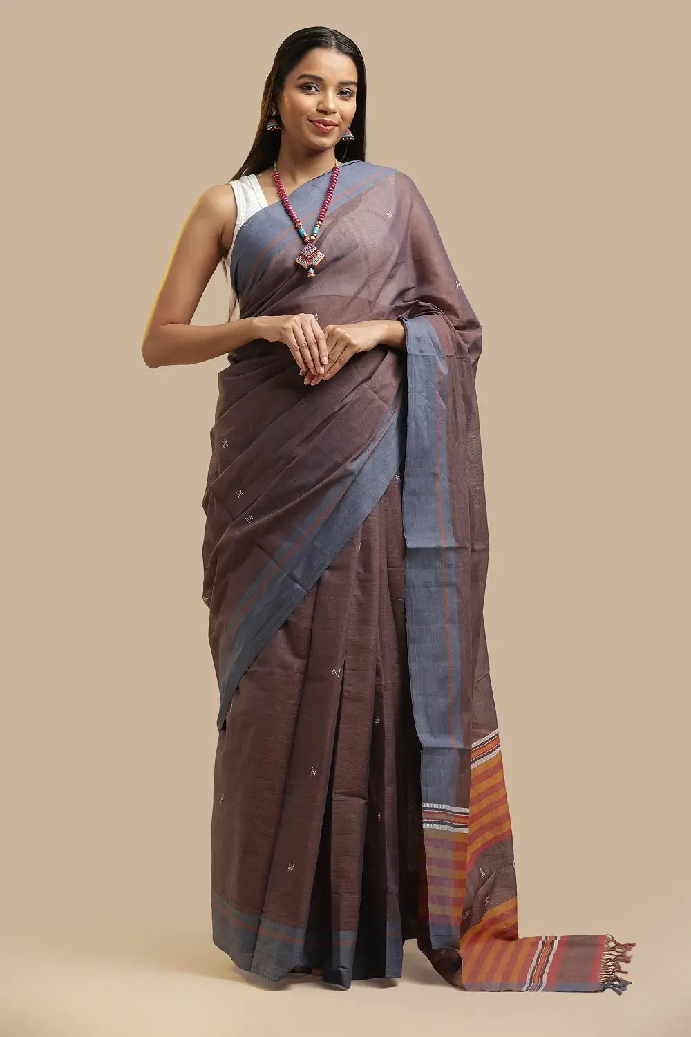 Udupi Cotton Saree | Mocha Mist- Buti and Stripes | Handwoven