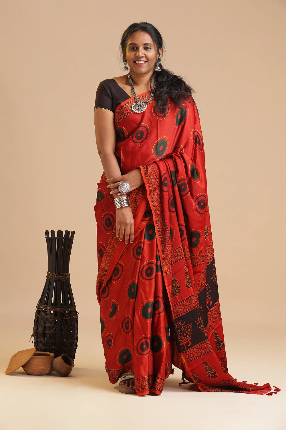 Red Harmony – Ajrakh Block Printed Modal Silk Saree