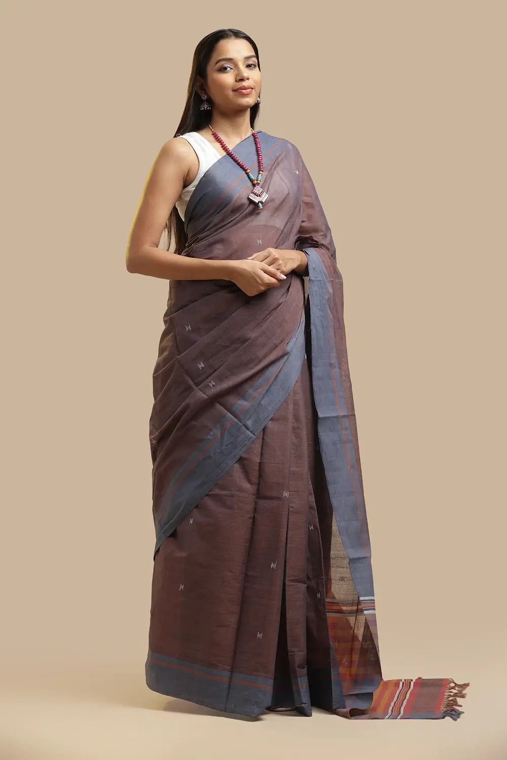 Udupi Cotton Saree | Mocha Mist- Buti and Stripes | Handwoven